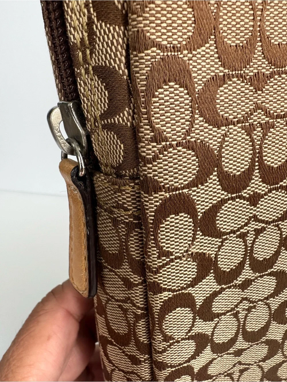 Coach Brown Signature Canvas Laptop Sleeve with Tan Stripe